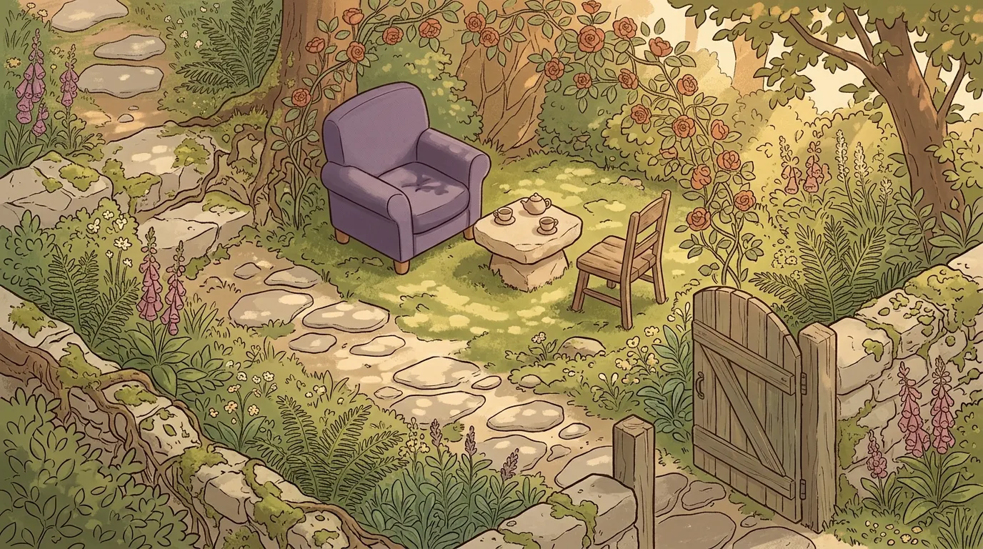 An open garden gate and a stepping-stone path leading to two chairs set face to face