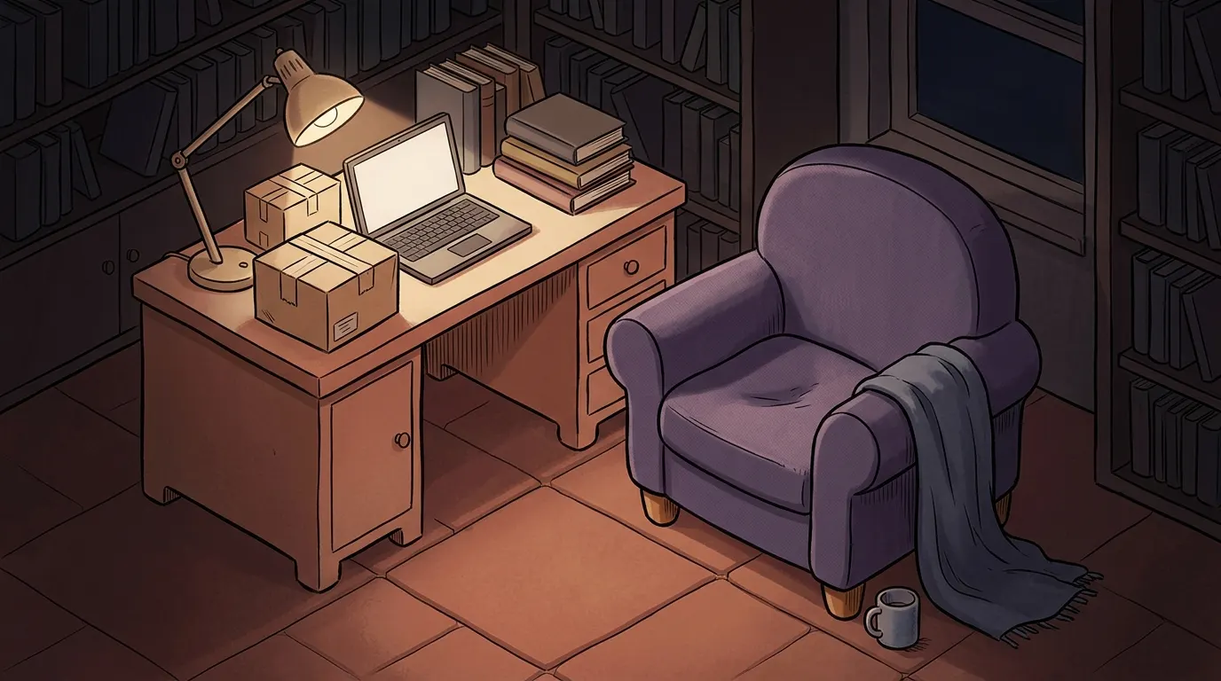 A lavender armchair facing a desk where a lamp is still on at three in the morning