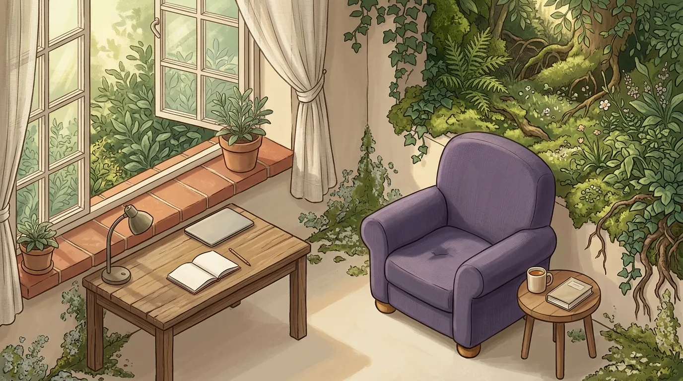 The same desk in daylight, cleared, with the lamp off and the window open