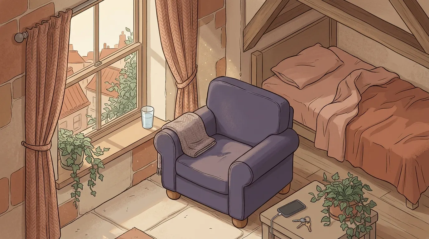 A lavender armchair in a flat at dawn, curtains drawn back and a glass of water on the sill