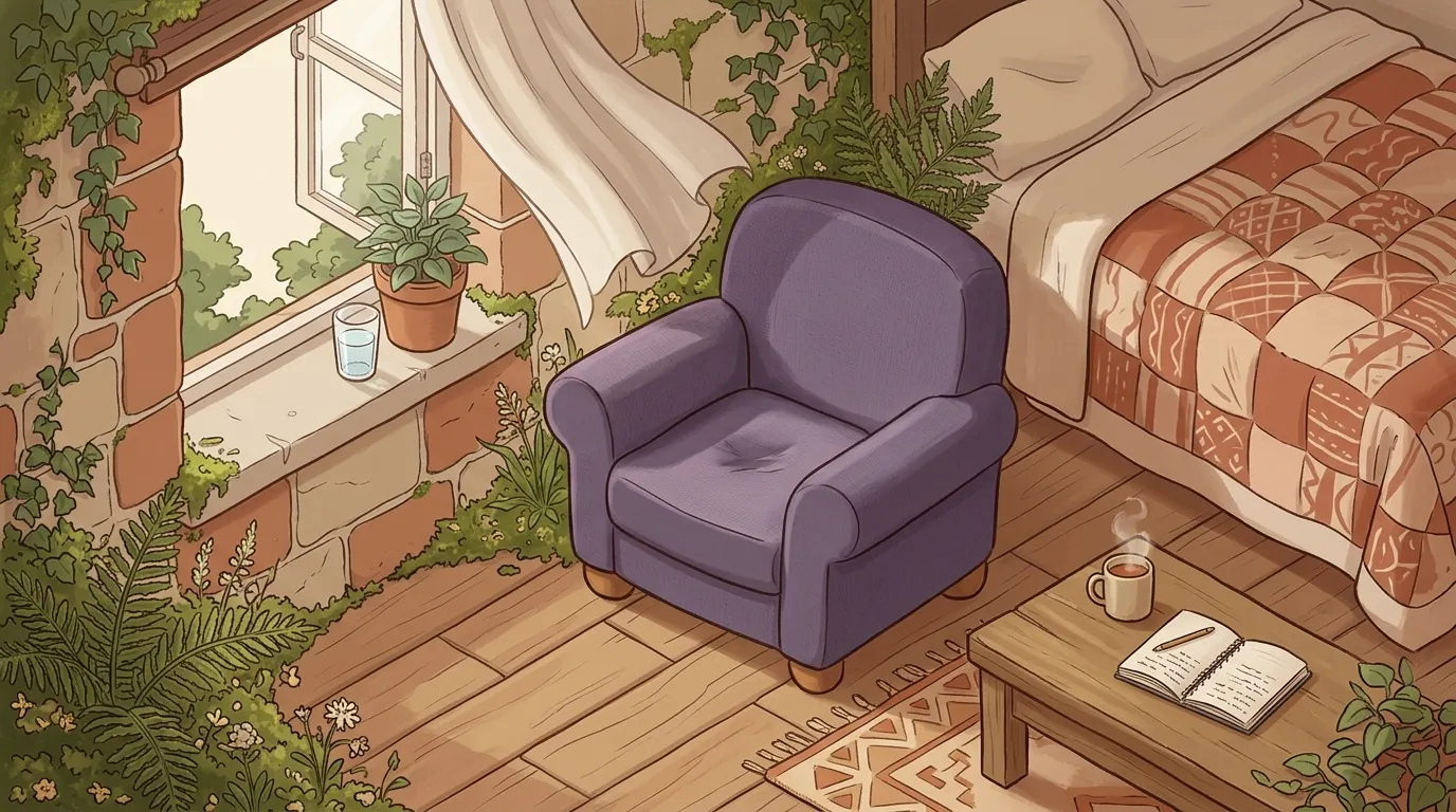 The same flat later, the window open and the bed made