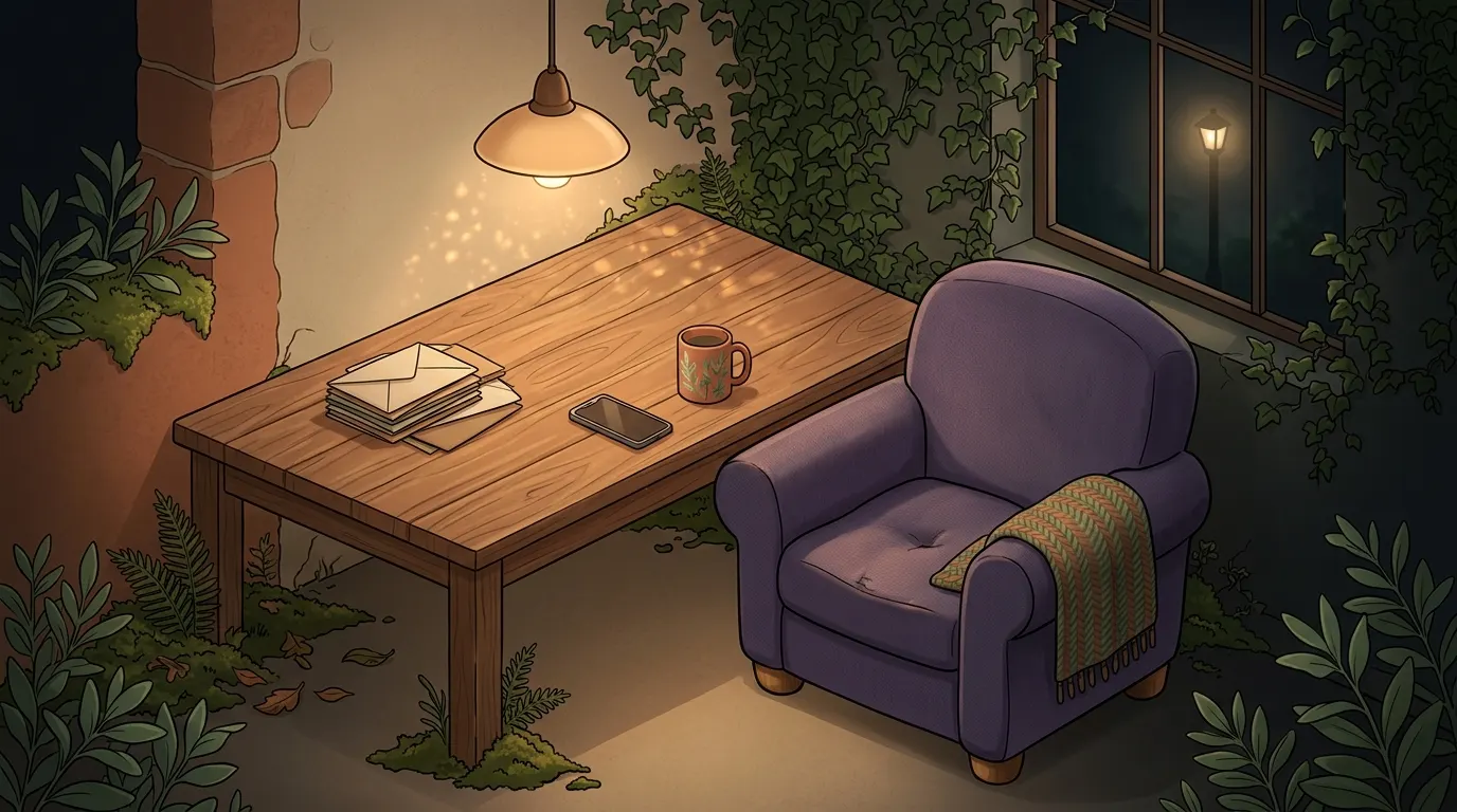 A lavender armchair beside a kitchen table at night, with a stack of unopened envelopes and a phone face down