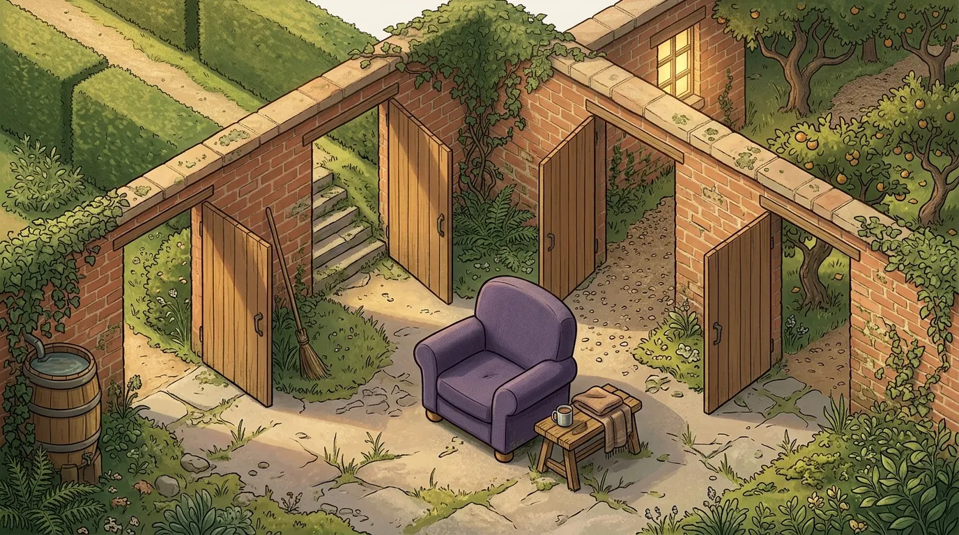 A brick yard where five gated paths lead away from one swept courtyard with a lavender armchair