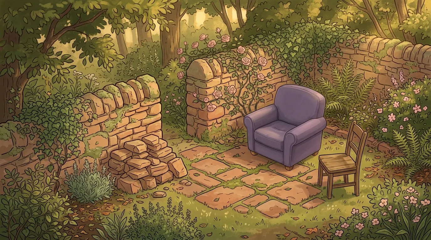 A lavender armchair beside a dry-stone wall where fallen stones have been gathered into a neat pile