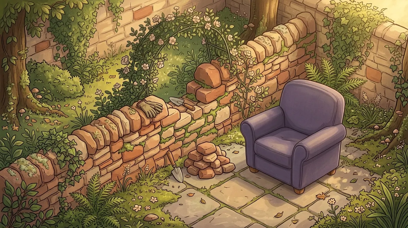A few stones set back into a garden wall, with gloves and a trowel resting on top