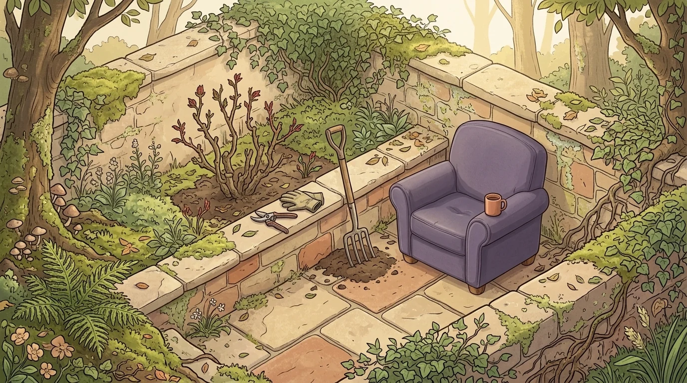 A lavender armchair beside a rose bush cut back hard, with fresh green shoots coming through