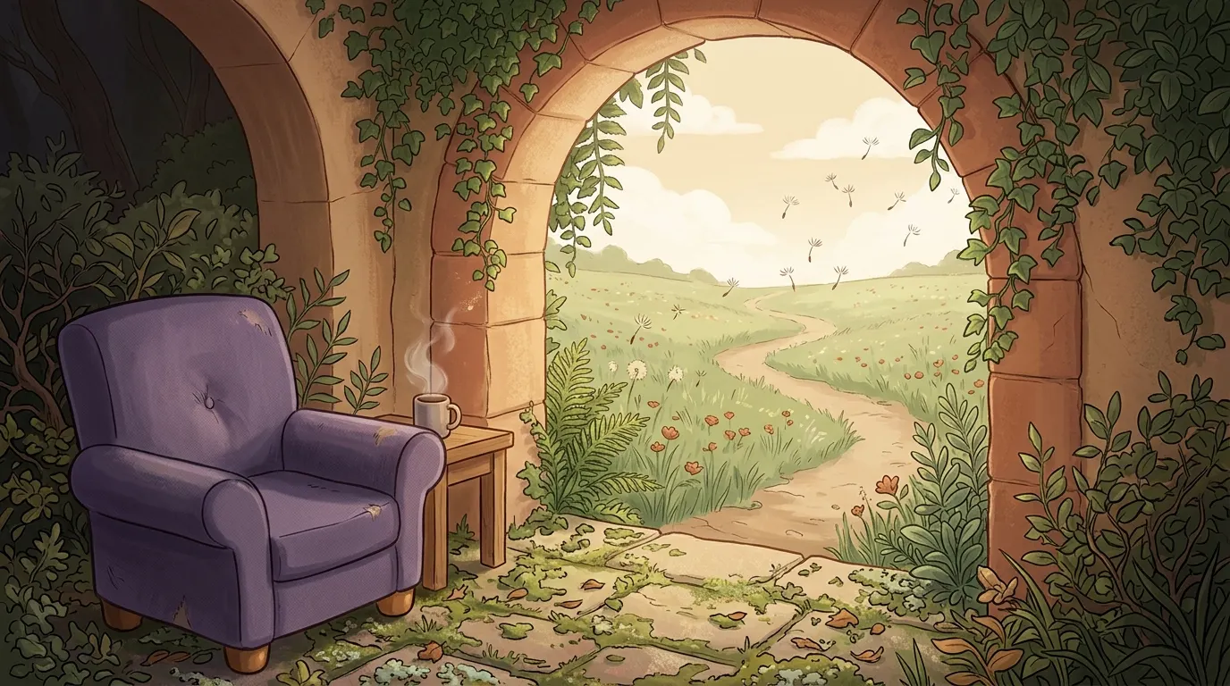 The view from the chair through the ivy-covered arch, a path winding out across the meadow