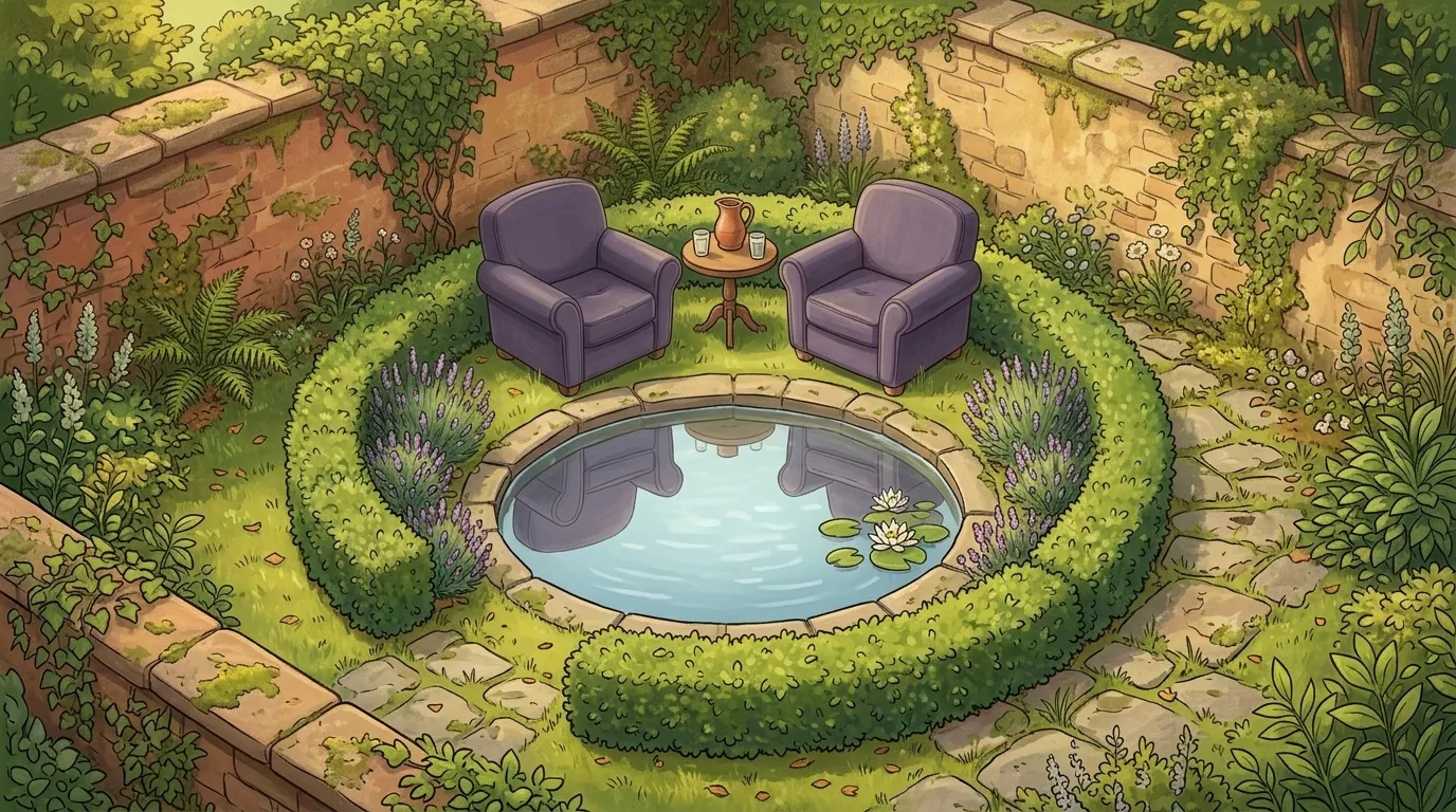 Two lavender armchairs facing each other across a still garden pond that reflects them both