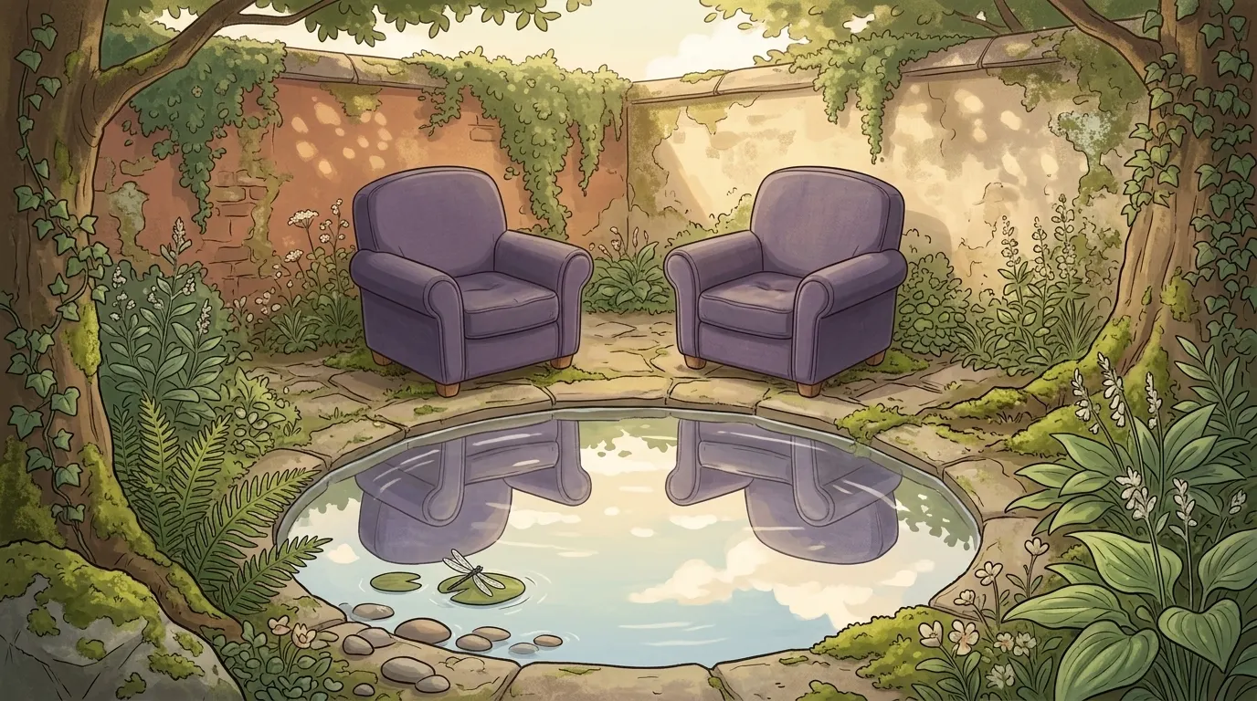 The still pond close up, two chairs and the sky held in its surface