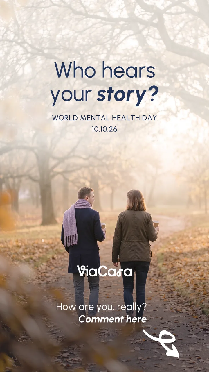 Two friends walk along an autumn path. Navy text reads: Who hears your story? A hand-drawn arrow points to the comment button.