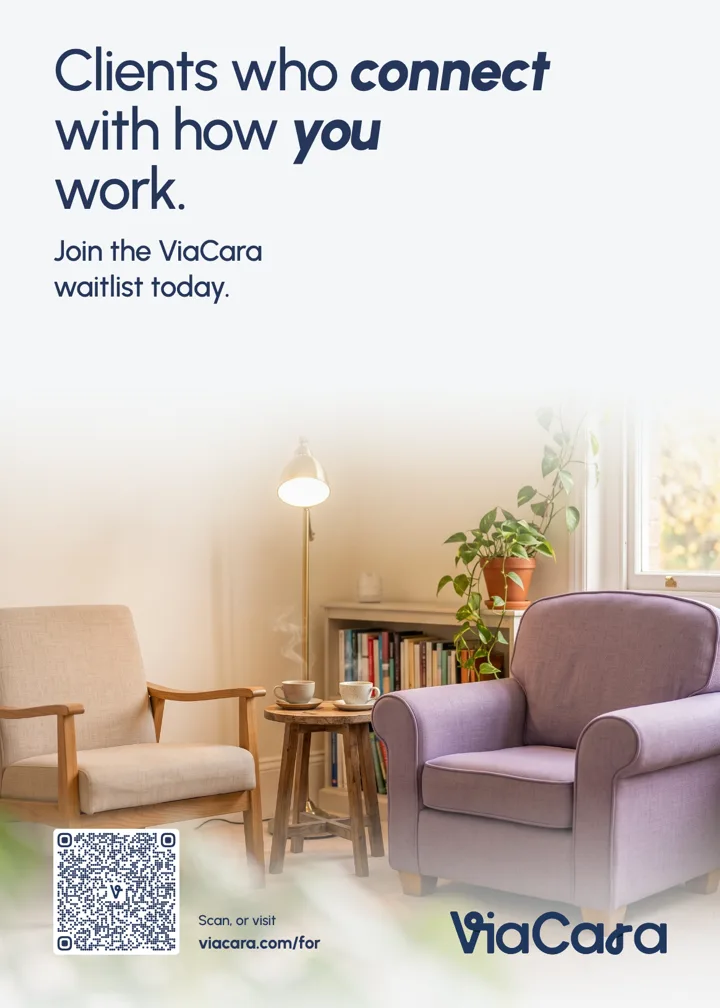 A5 flyer. Headline: Clients who connect with how you work. A photo of a quiet practice room with a lavender armchair, a QR code bottom left and the logo bottom right.