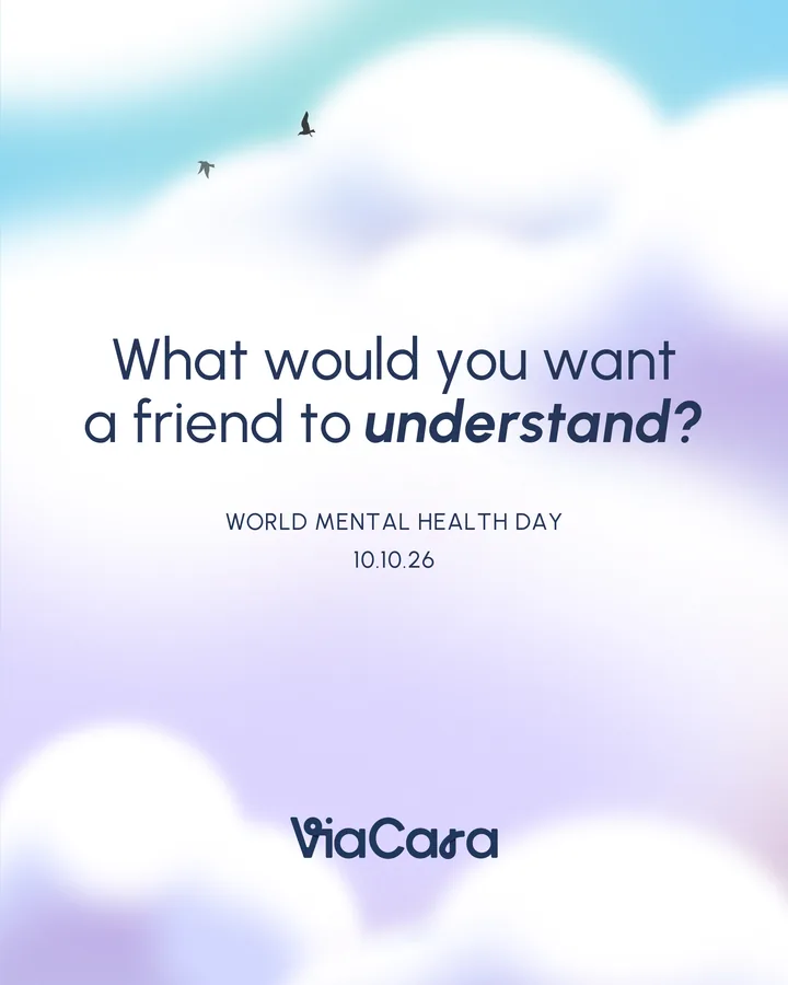 Soft sky with lilac clouds. Navy text reads: What would you want a friend to understand?