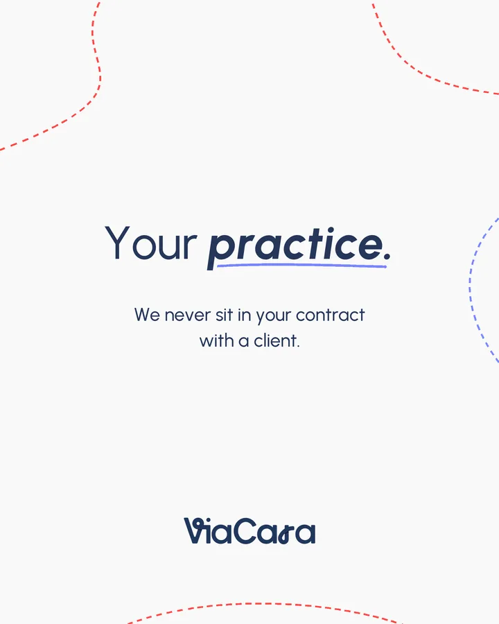 Pale card framed by dashed lines. Navy text reads: Your practice. We never sit in your contract with a client.