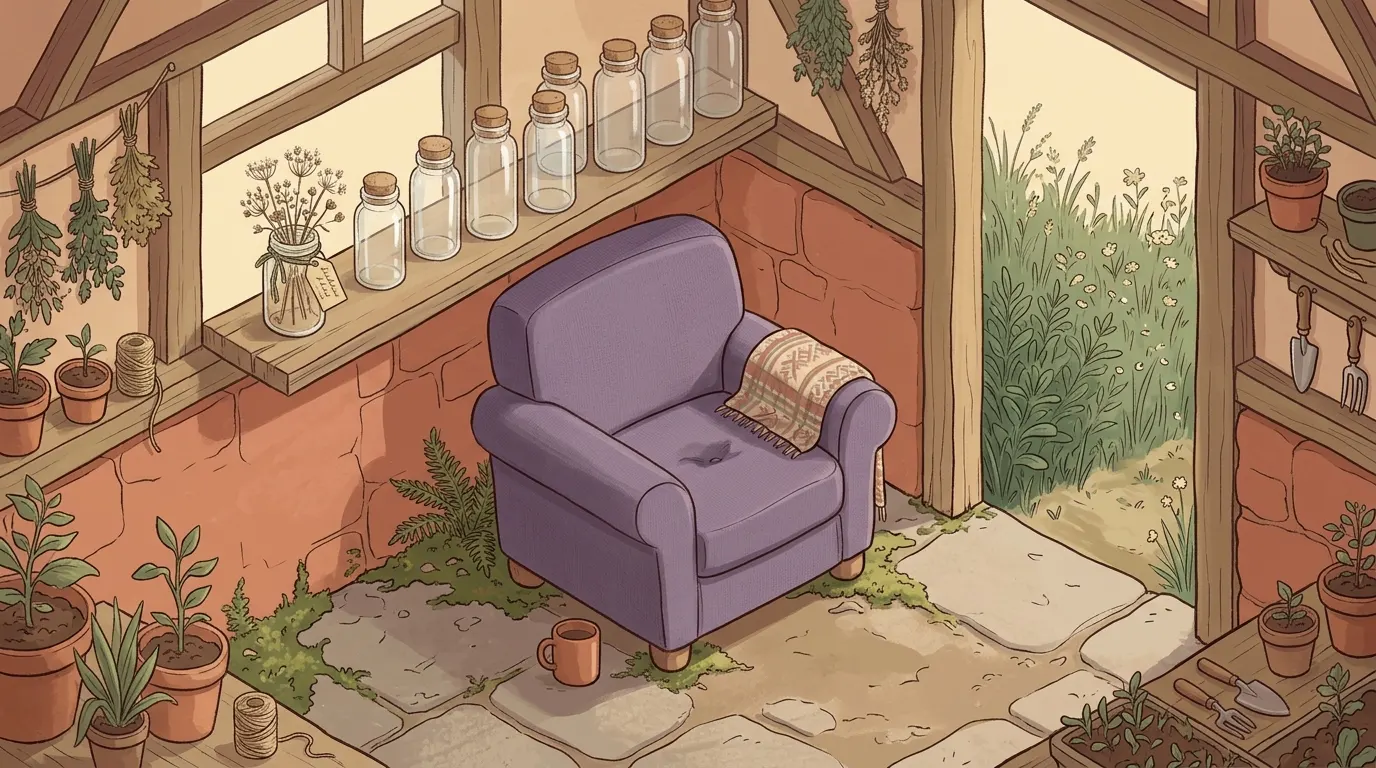 A garden shelf holding one small labelled specimen jar and a long row of empty ones