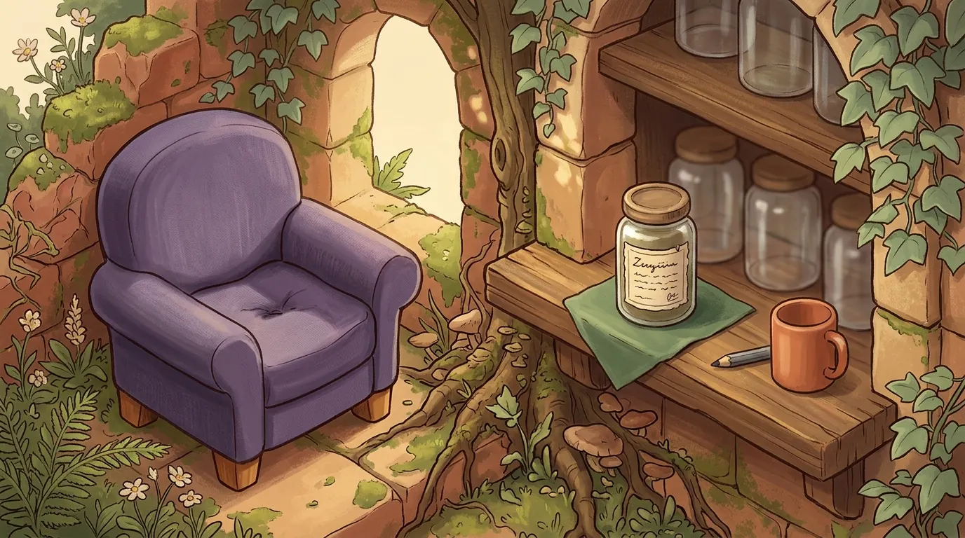 A lavender armchair by the garden shelf, one labelled jar and a mug set out on the wooden ledge