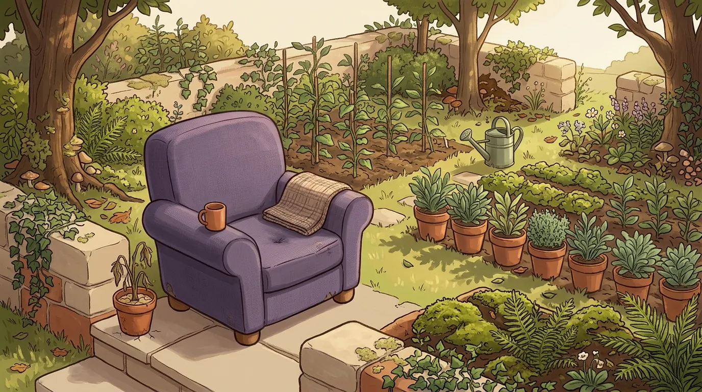 A well-tended garden bed beside one dry, unwatered pot on the step