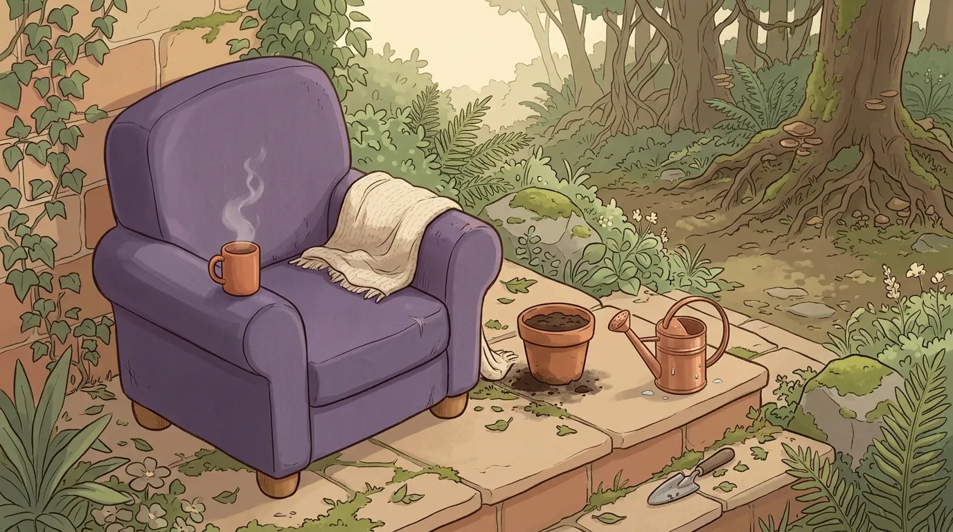 A lavender armchair on the step with a blanket and hot drink, the pot refilled beside a watering can