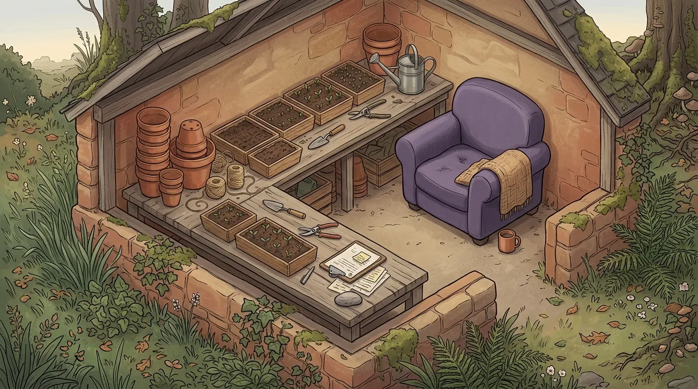 A garden workbench crowded with unfinished tasks, and a chair pulled just out of reach of it