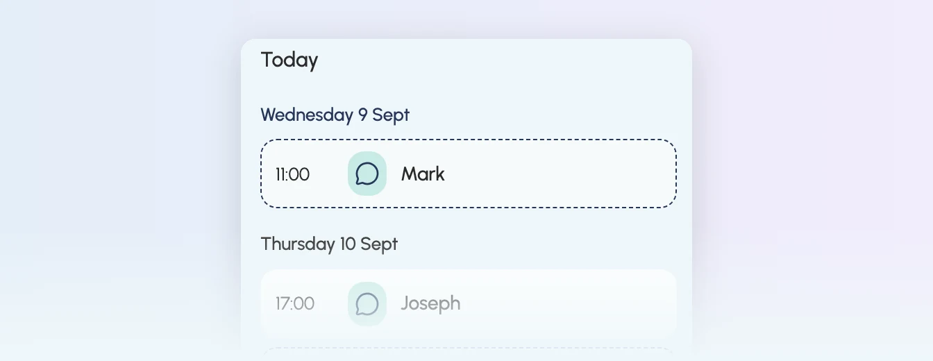 A practitioner's agenda for the week, with each client's first name and time.