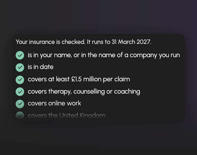 An insurance check with a tick beside each thing we look for, such as the name on the policy and the cover.