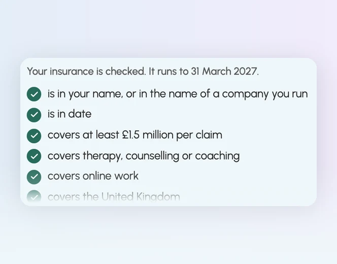 An insurance check with a tick beside each thing we look for, such as the name on the policy and the cover.