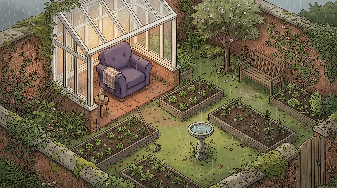 A walled garden in spring rain, with a lavender armchair sheltered inside an open-fronted glasshouse