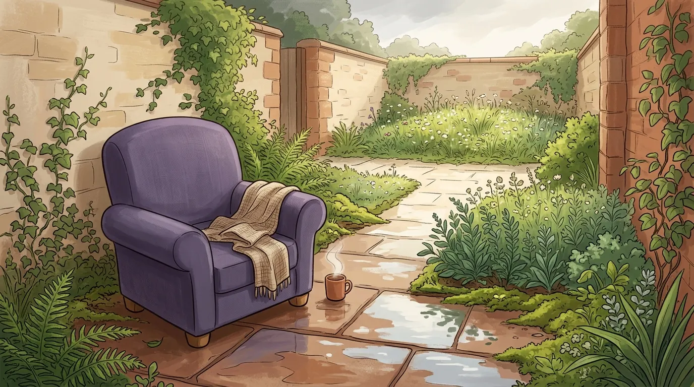 The same garden bench in early morning, with the sky beginning to clear