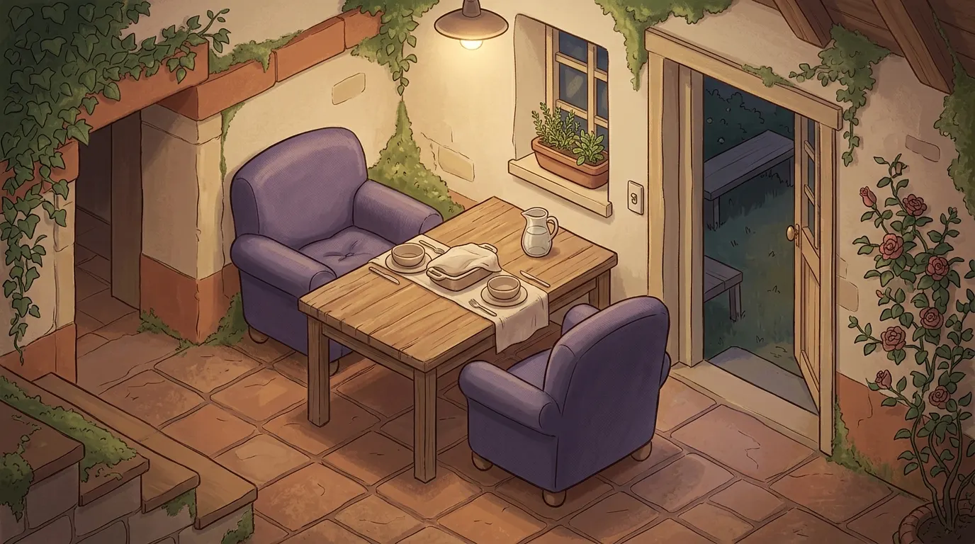 A kitchen table at dusk with a lamp lit, two places laid and the back door open to a garden