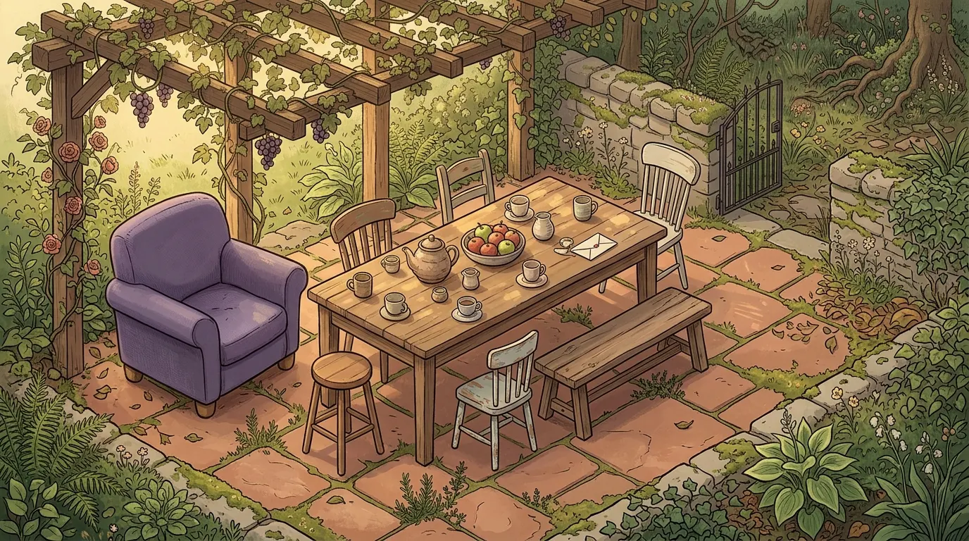 A long kitchen table under a pergola with chairs of different sizes around it and a lavender armchair at one end