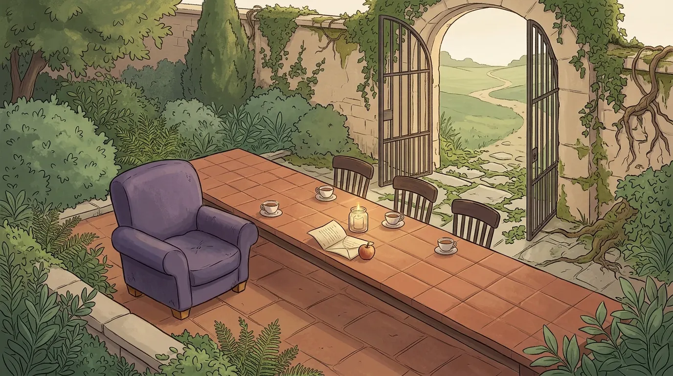 The same table seen from the lavender armchair, with the chairs pulled closer and the evening light coming in