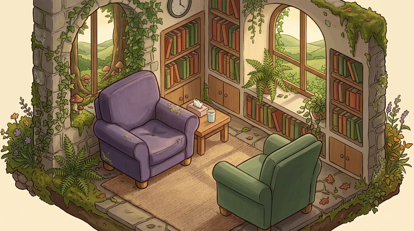A therapy consulting room with warm natural light