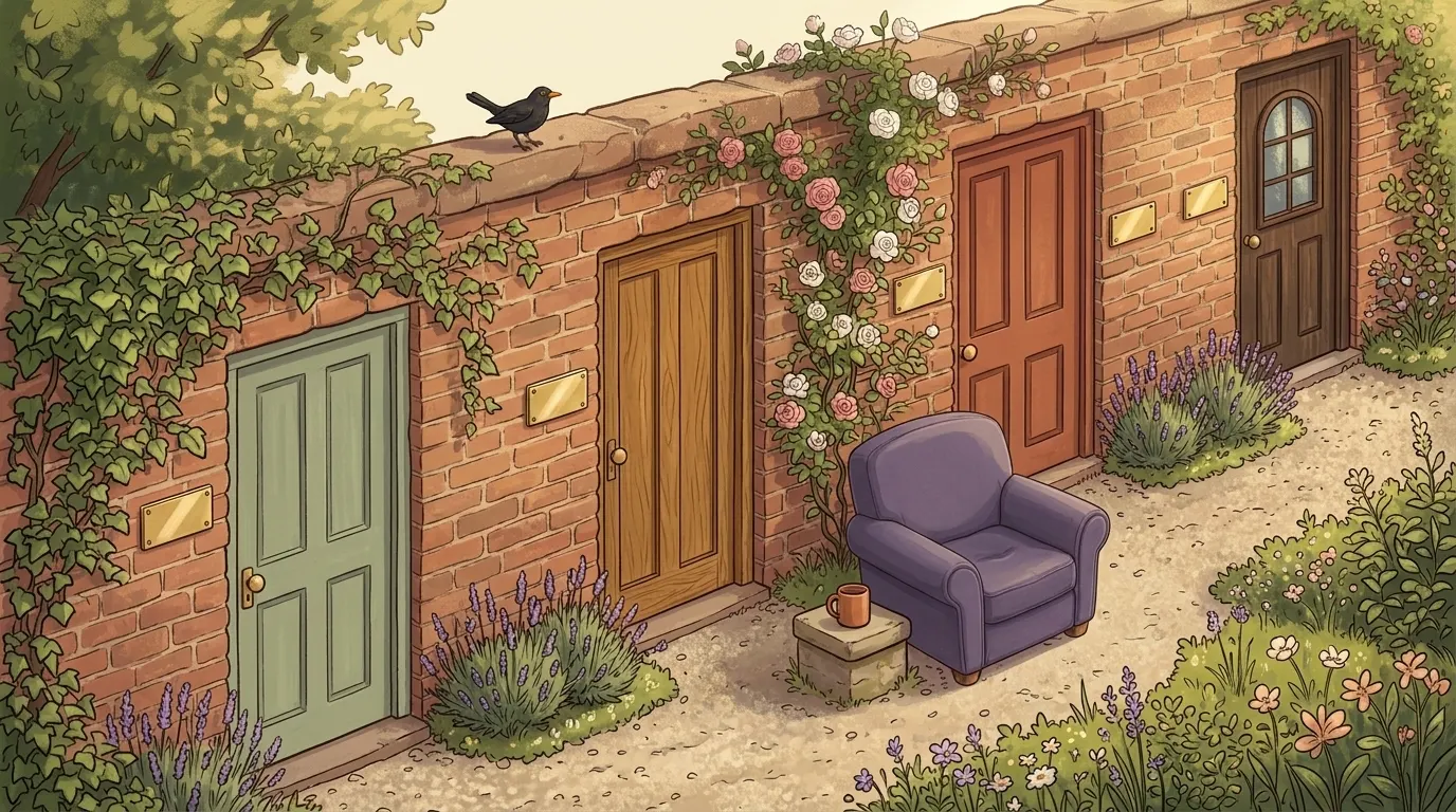 A row of four wooden doors in an old garden wall, each with a blank brass plate, and a lavender armchair on the path in front