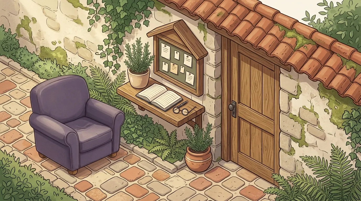 A small wooden noticeboard beside the garden doors, with a ledger open on a shelf beneath it