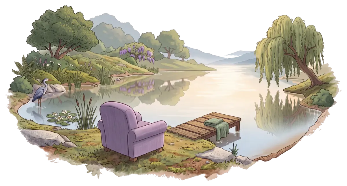 A lavender armchair on a grassy bank beside a wooden jetty, looking over a calm lake with a heron and a willow