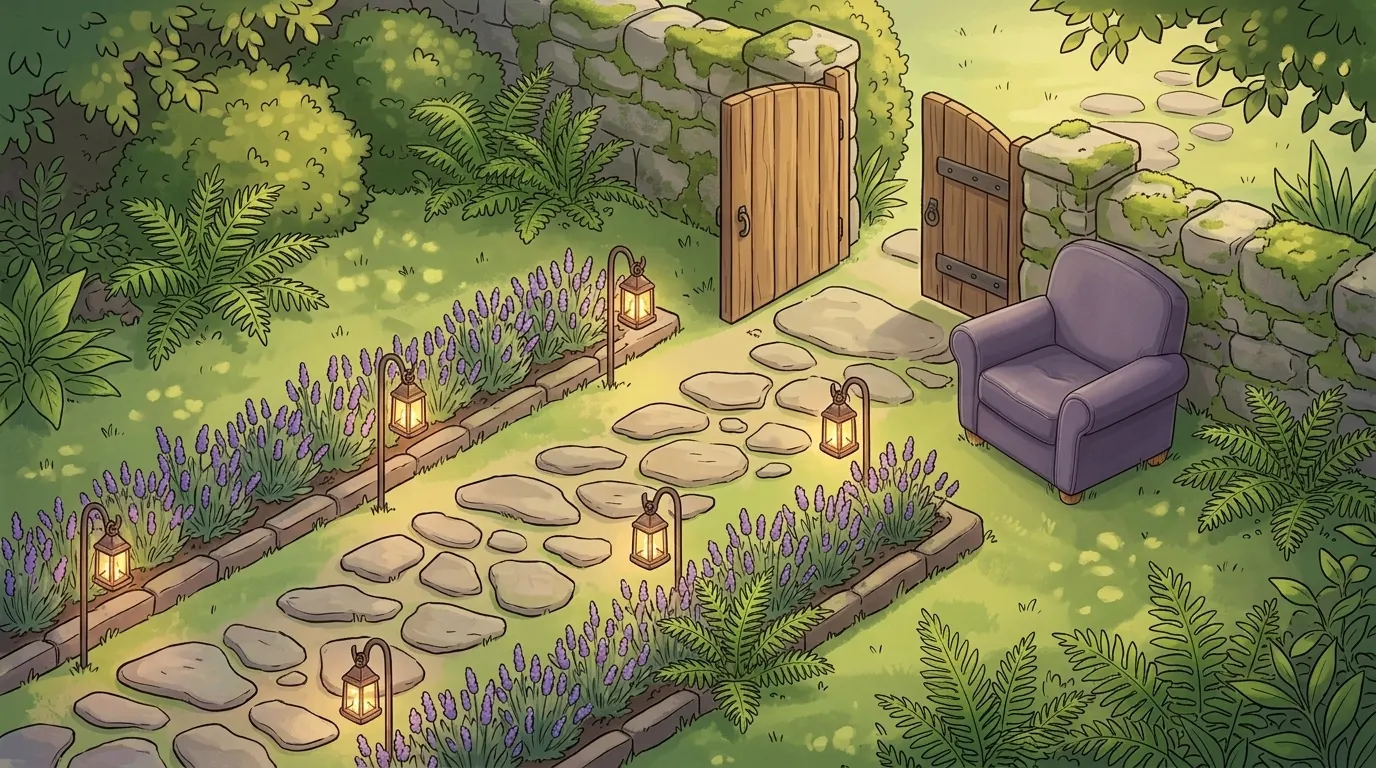 A garden path lined with small lanterns, each one lit, leading to the chair beside an open gate