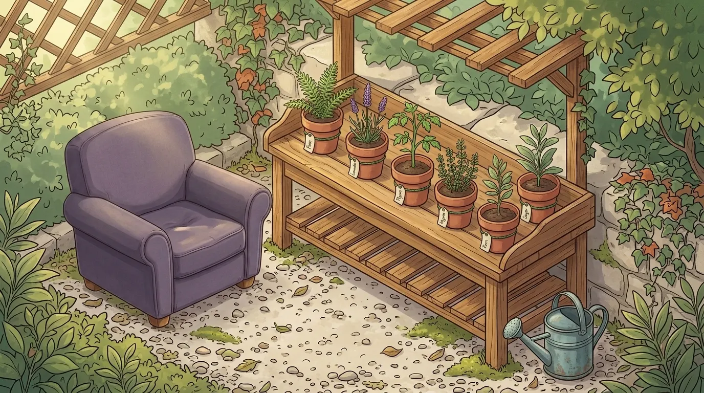 A wooden potting bench with a row of seedlings in pots, each pot with a hand-written label, the chair beside it