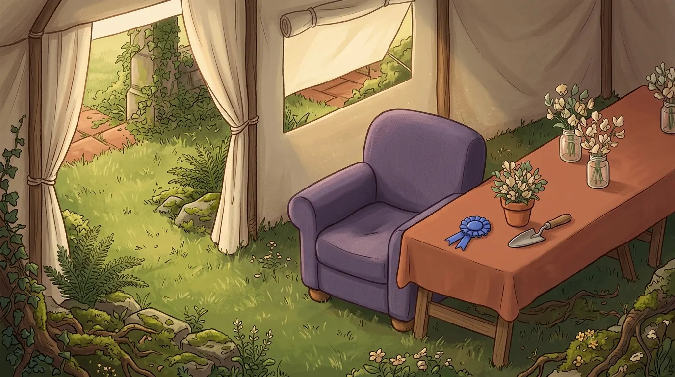 The same armchair pulled up to the long show table, the rosette pinned beside a jar of sweet peas