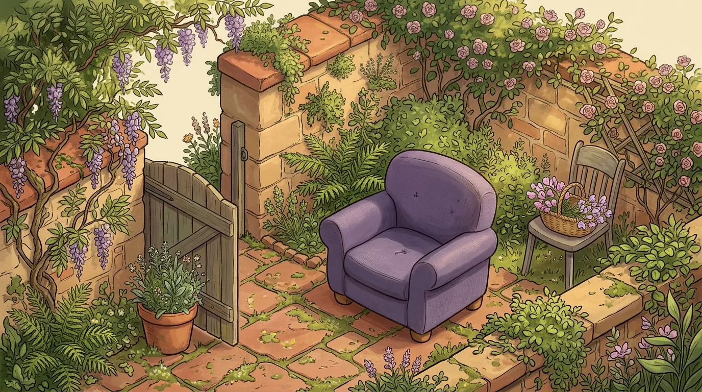 A walled garden with its gate propped open and a lavender armchair just inside, facing the path