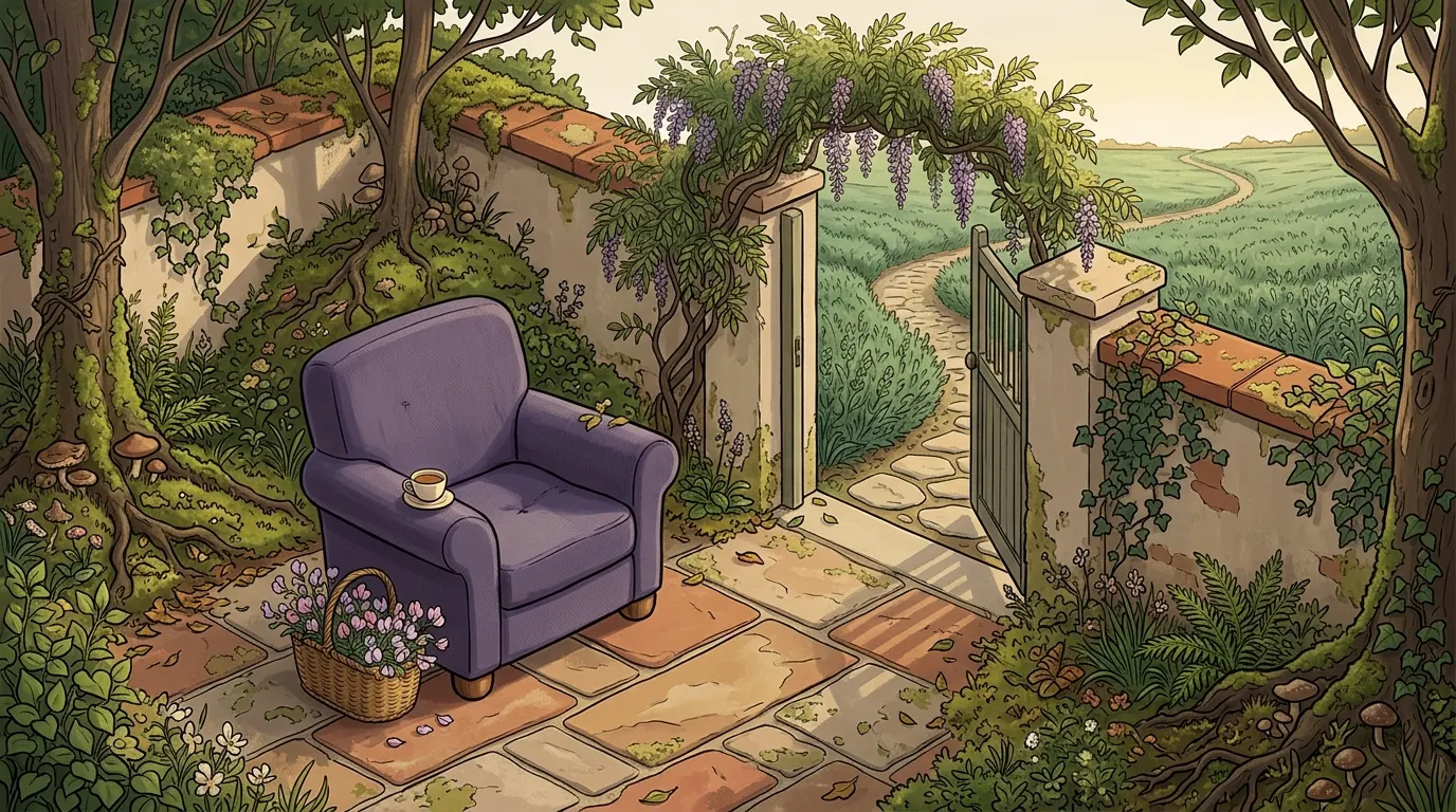 The same garden seen from the armchair, with the path leading out through the open gate