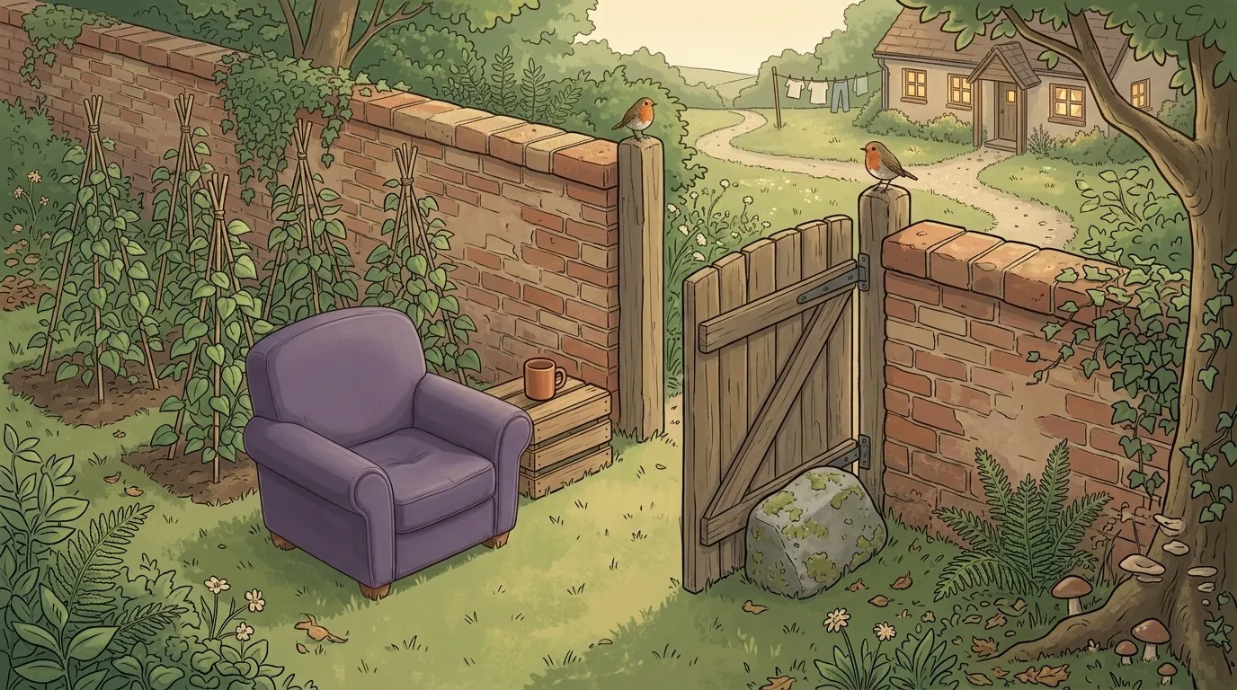A garden gate held open by a heavy stone, with a lavender armchair just inside the wall