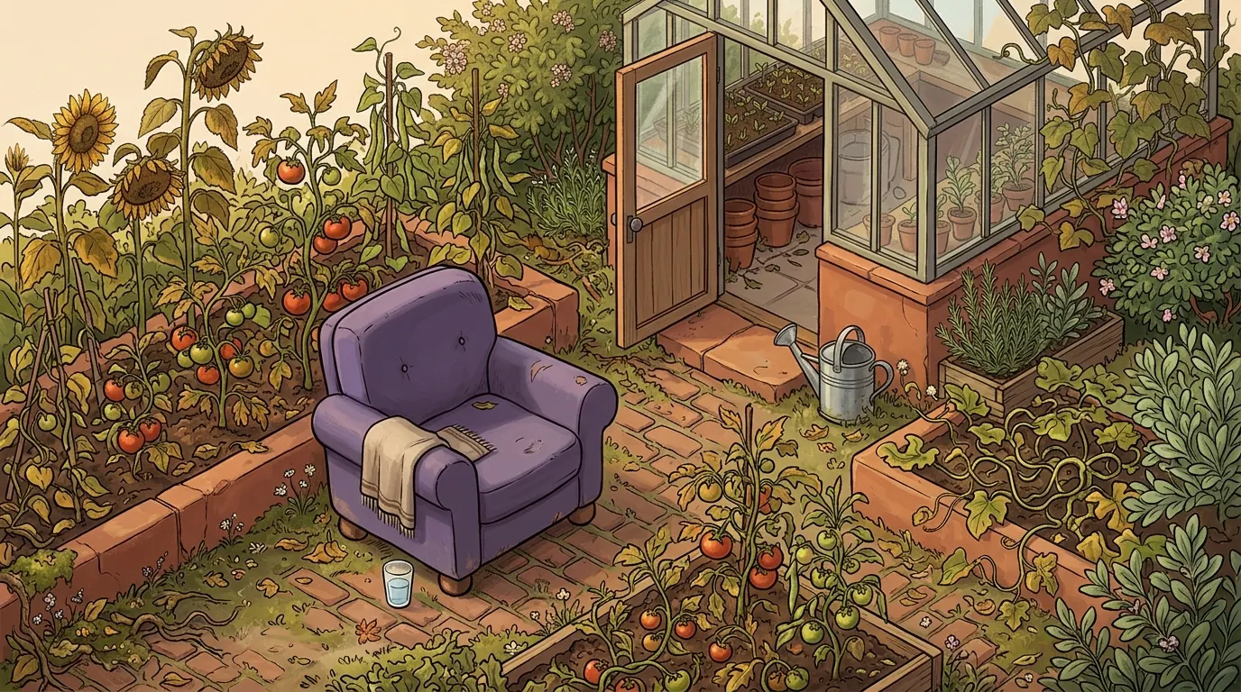 A sunlit kitchen garden in late summer, with a lavender armchair set among ripening beds