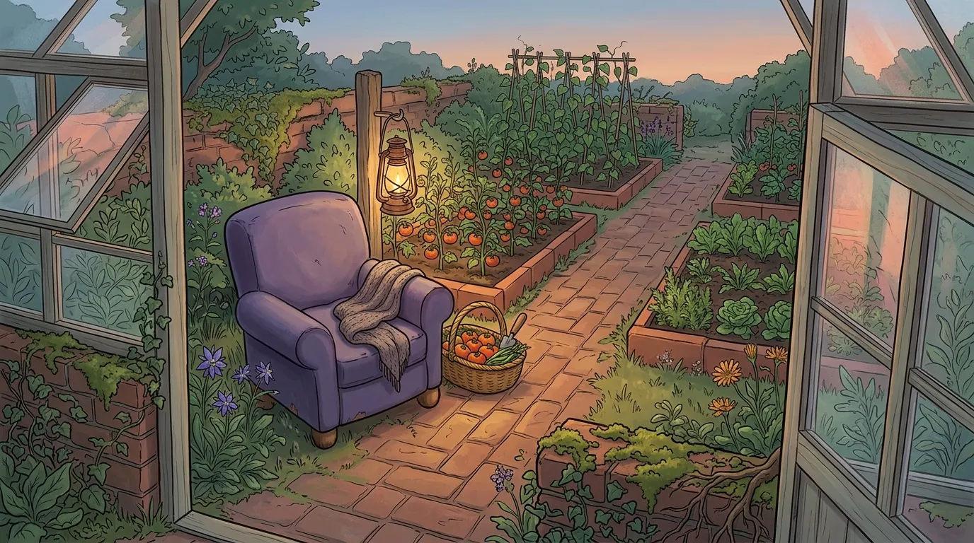 The same garden at dusk, a lantern lit beside the chair and the beds still full
