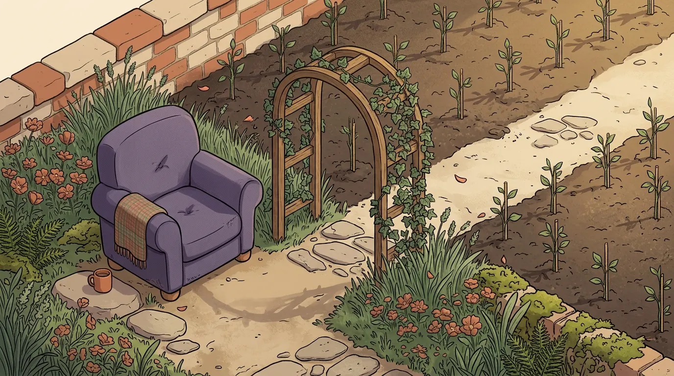 Two garden paths meeting at an arch, with the ground beyond it freshly turned