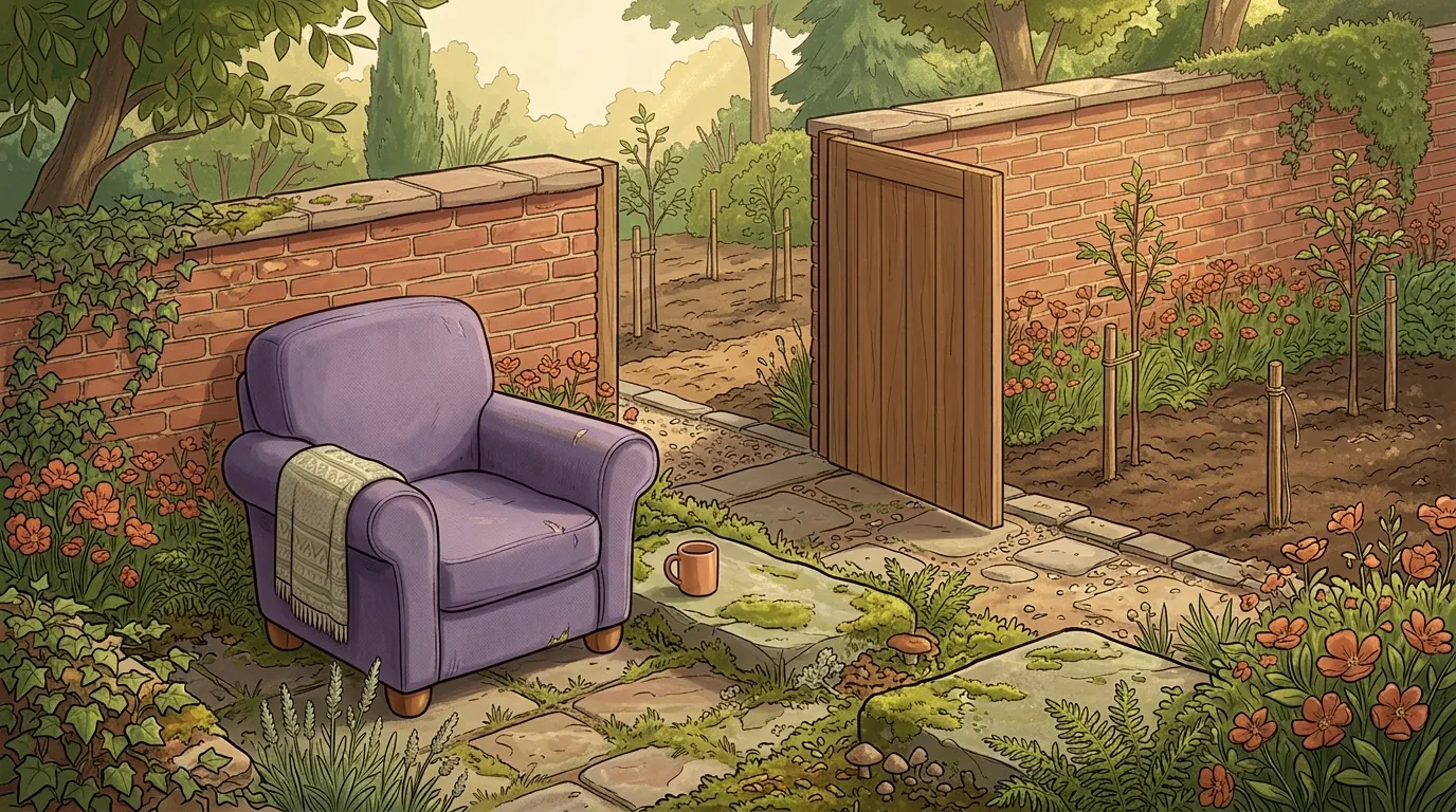 A garden gate standing open between two very different plots
