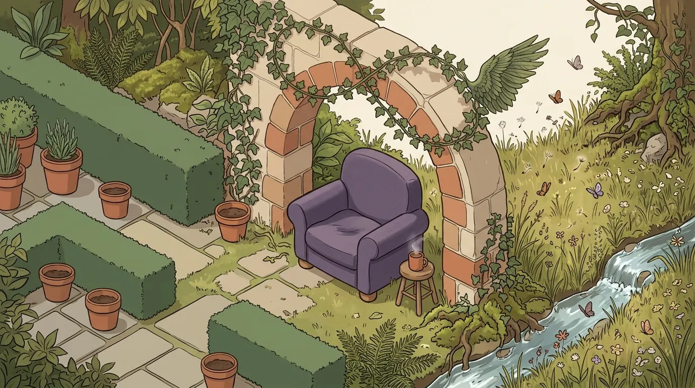 A garden of two halves, one ordered and one wild, meeting at a single sheltered seat