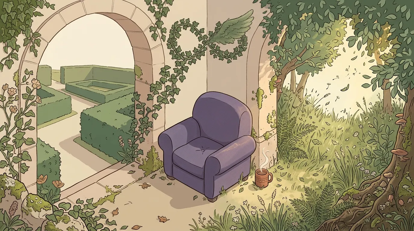 A lavender armchair where an archway onto clipped hedges meets a wild green garden, a hot drink at its foot