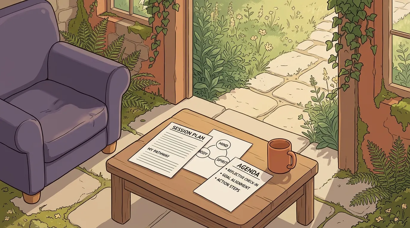 A lavender armchair by a low table with session papers and a mug, a clear stone path outside the door