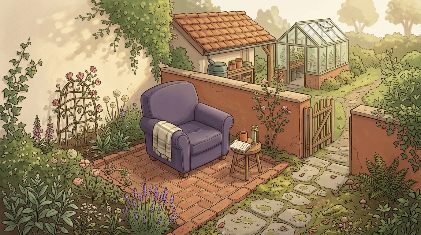 A cottage garden terrace where a notebook, a mug and a rain gauge sit beside the lavender armchair