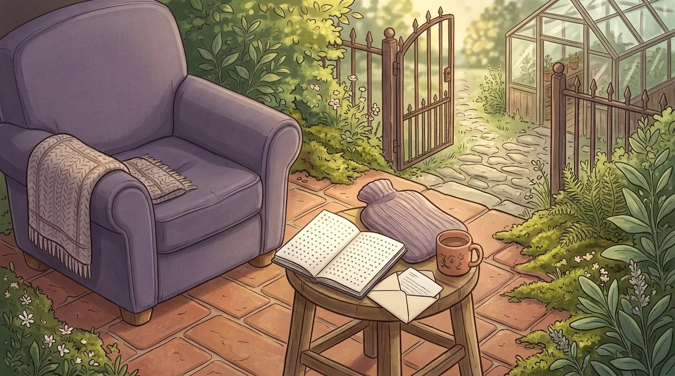 A stool by the lavender armchair with an open notebook of dots, a hot water bottle and a folded letter
