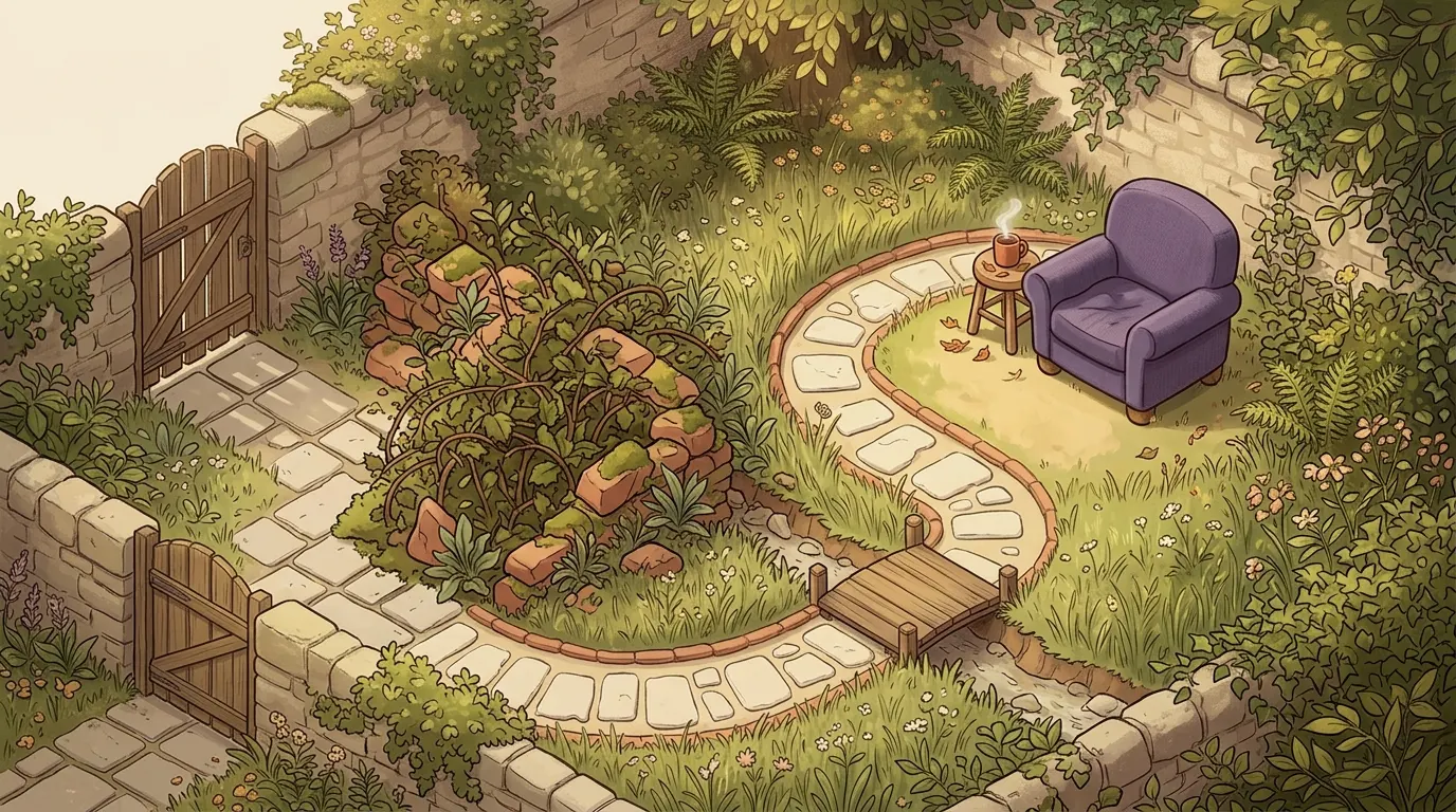 A garden where a well-worn direct route is closed and a longer winding path arrives at the same place